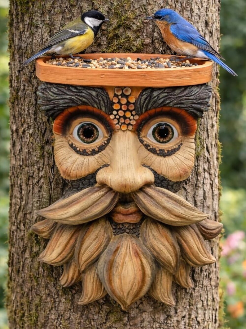 Funny Tree Face Outdoor Decor - Weatherproof Bird Feeder Sculpture with Hooks